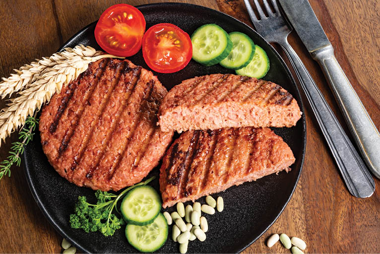Source of fibre plant based vegan soya protein grilled burgers, meat free healthy food close up