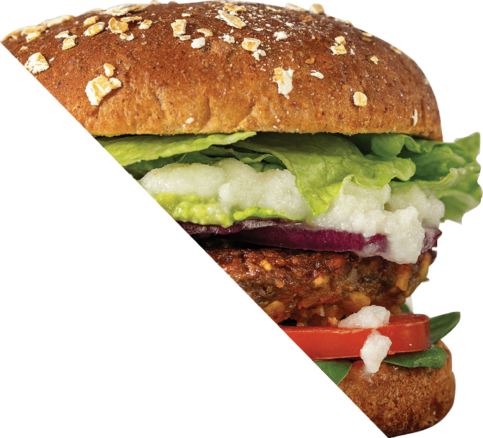 Vegan lentils burger with vegetables on light gray background