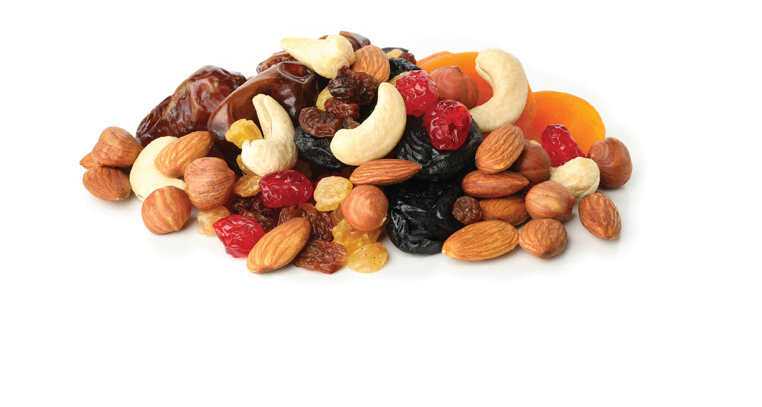 Nuts and dried fruits isolated on white background