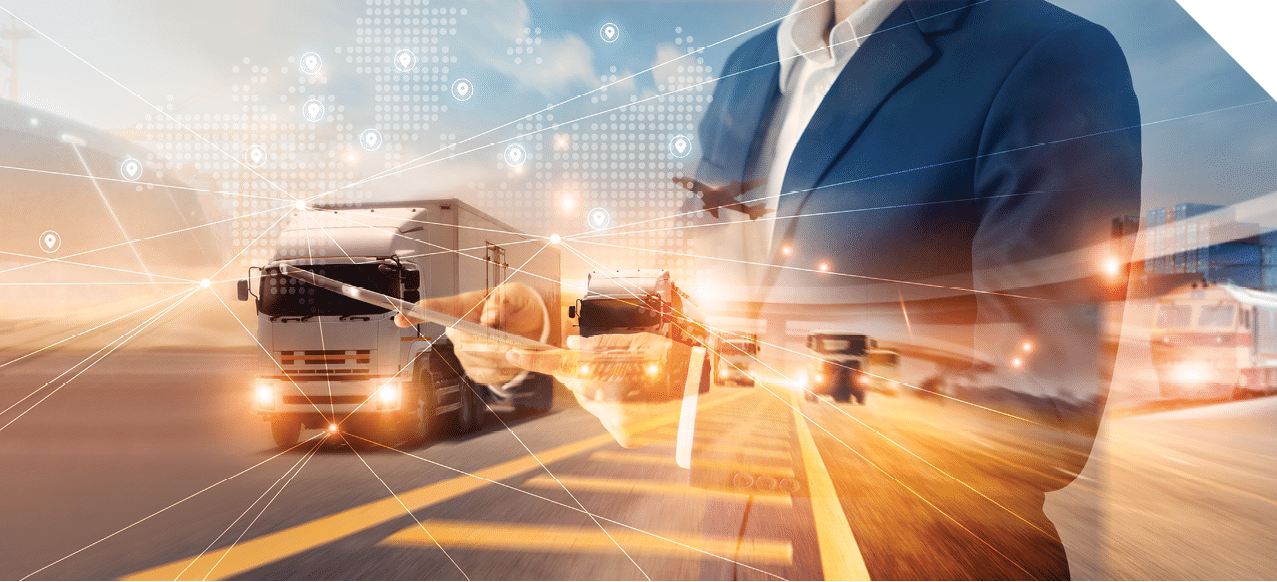 Businessman using tablet on logistic network distribution and smart transportation and networking intelligent logistics of truck and train container cargo ship, Logistic import export and industry  