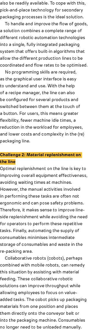 also be readily available  To cope with this, pick-and-place technology for secondary packaging processes is the idea   