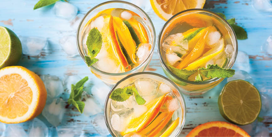 refreshing cold citrus water with mint.top view