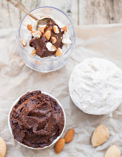 Cocoa avocado mousse and banana coconut cream - vegan dessert