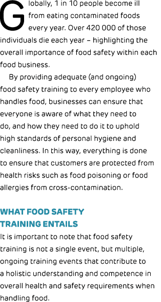 Globally, 1 in 10 people become ill from eating contaminated foods every year. Over 420 000 of those individuals die ...