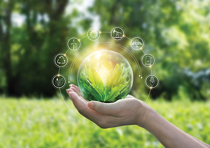  Hands protecting globe of green tree on tropical nature summer background, Ecology and Environment concept