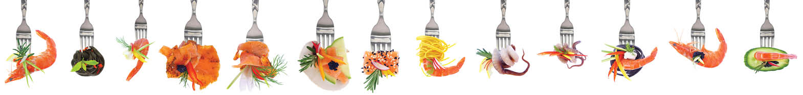 Variety of seafood appetizers on forks - white background