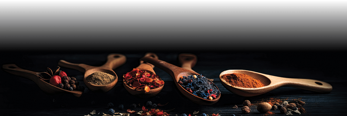 A row of wooden spoons filled with different types of spices on black background. Generative ai