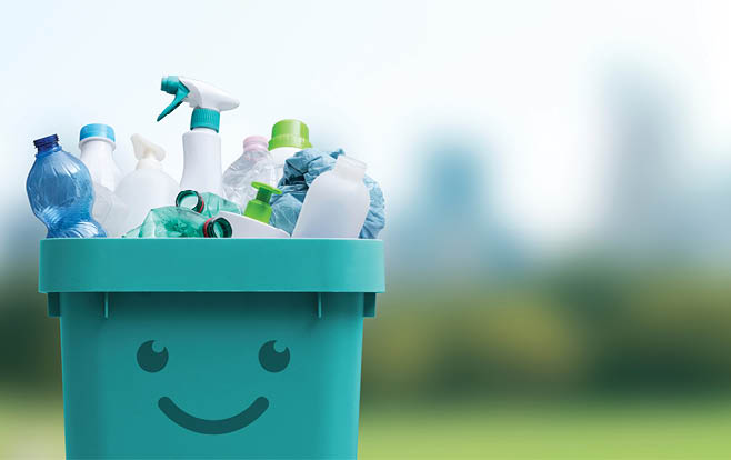 Cute smiling bin full of mixed plastic waste, recycling and separate waste collection concept