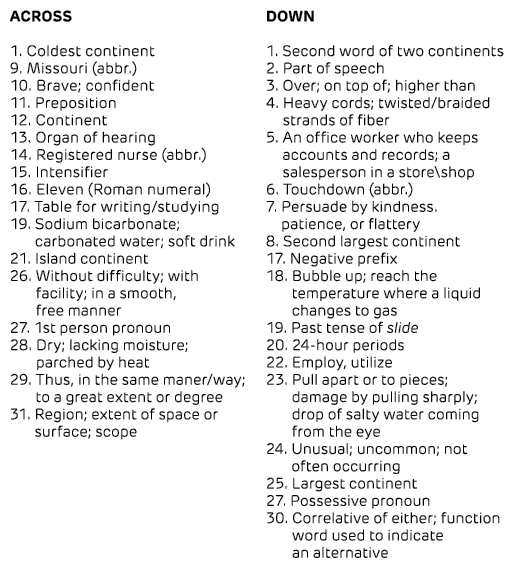 ACROSS 1. Coldest continent 9. Missouri (abbr.) 10. Brave; confident 11. Preposition 12. Continent 13. Organ of heari...