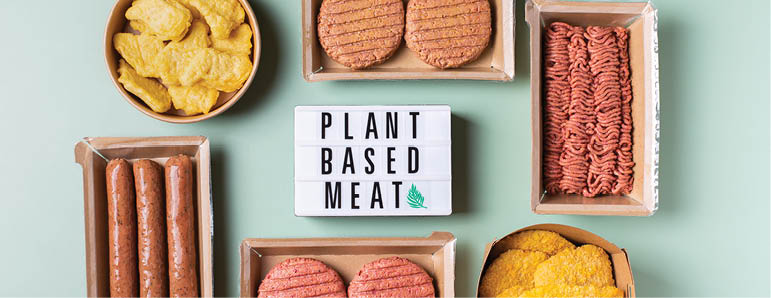 Variety of plant based meat, food to reduce carbon footprint
