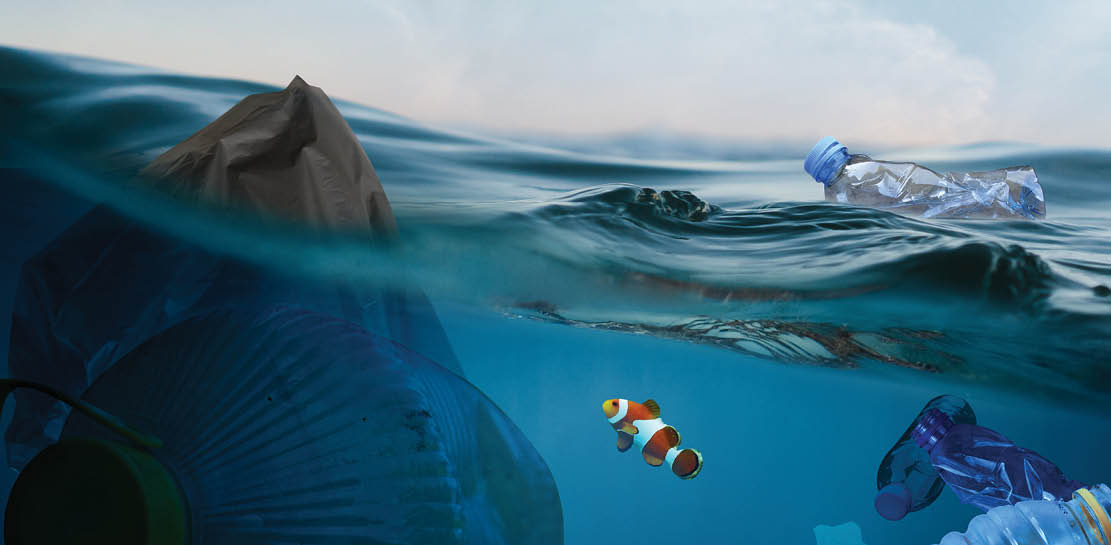 Plastic and garbage pollution in ocean, Fish with many trash floating in open sea. Environment damage concept.