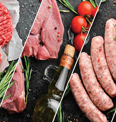 Food collage. Set of different meat, veal, pork and chicken on a black background. Top view.