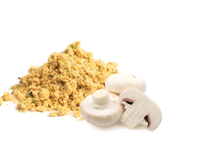 Mushroom powder pile isolated. Powdered dry champignon, shiitake, boletus, mushrooms powder with herbs and spices on white background