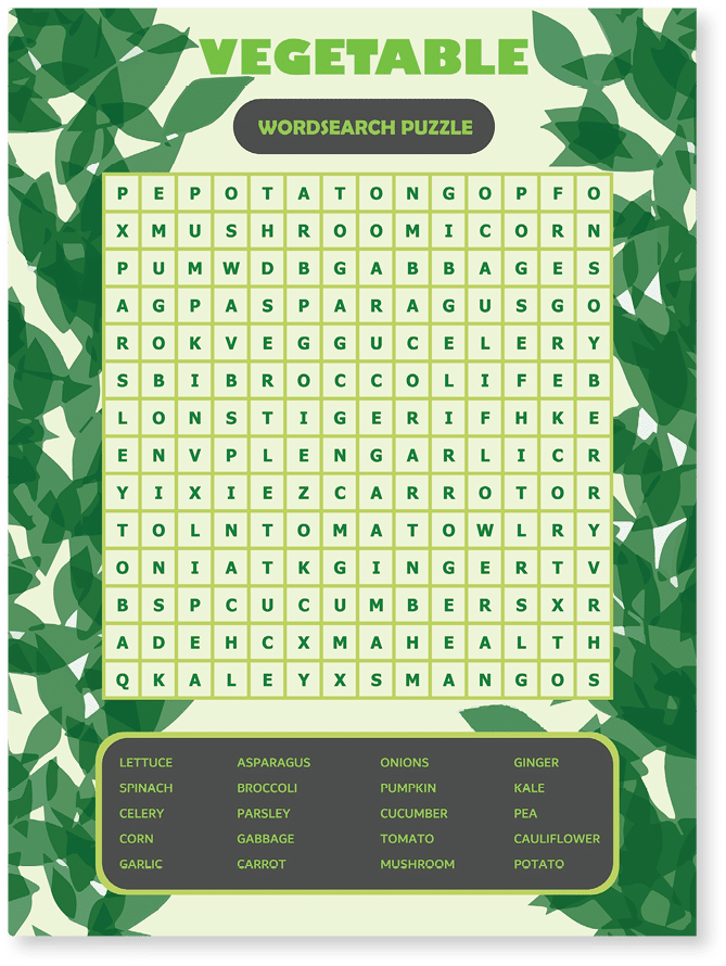 Printable word search puzzle. Fun vocabulary worksheet for learning English words. Find hidden words. Party card. Educational game for kid and adult. Vegetable theme.