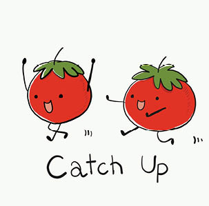 Funny cartoon character Tomatoes catch up/ketchup for T-shirt graphic/sticker. Food joke.