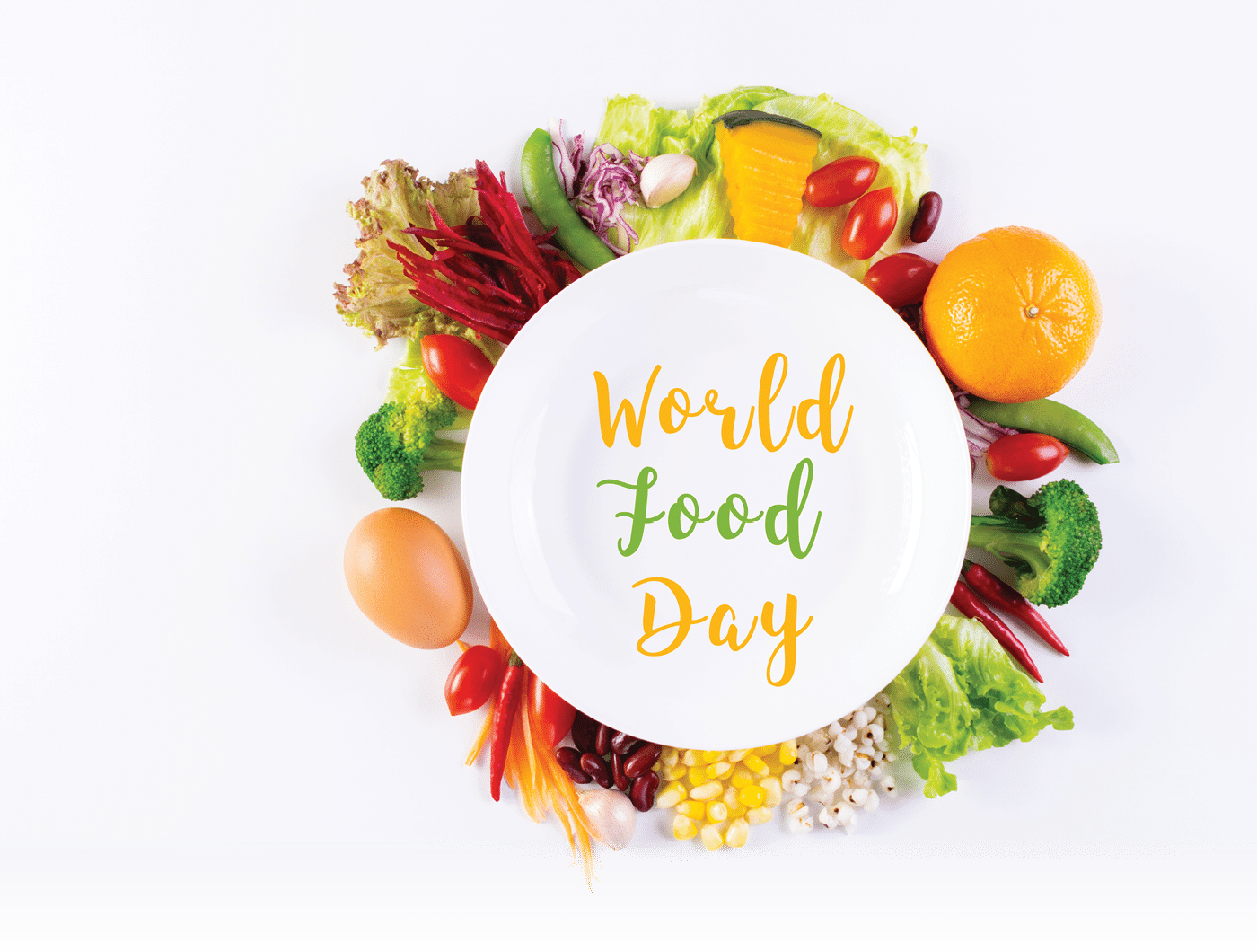 World food day, vegetarian day, Vegan day concept. Top view of fresh vegetables, fruit, with text in plate on white paper background.