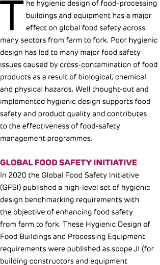The hygienic design of food processing buildings and equipment has a major effect on global food safety across many s...
