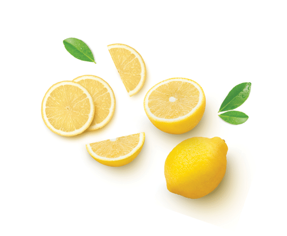 Whole and half sliced lemon with green leaves isolated on white background. Top view. Flat lay.