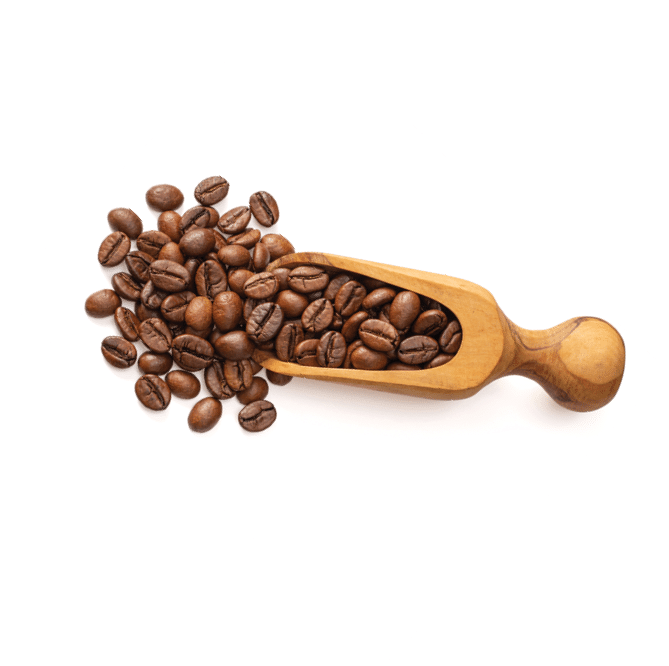 Coffee beans in the wooden scoop, isolated on white background, top view