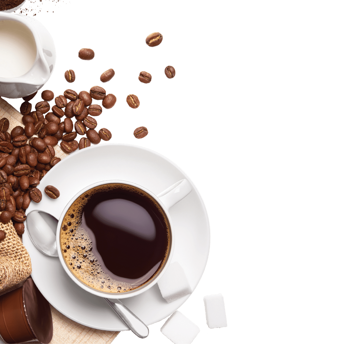 Cup of hot coffee and other ingredients over white background
